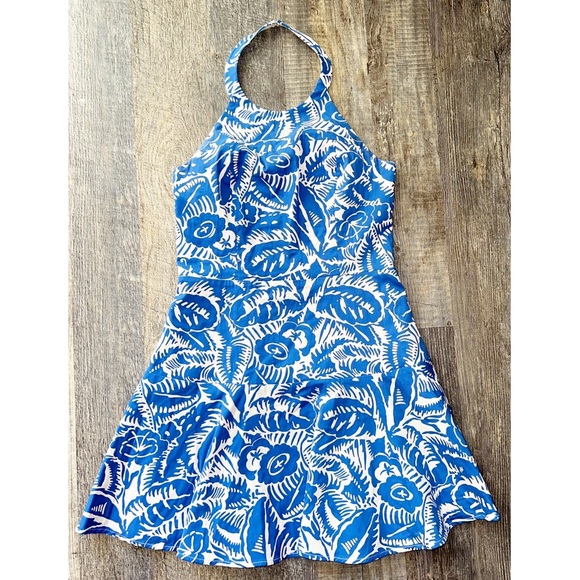PARKER blue / white tropical print ruffled halterneck mini dress S - Picture 1 of 11